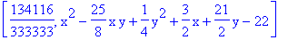 [134116/333333, x^2-25/8*x*y+1/4*y^2+3/2*x+21/2*y-22]